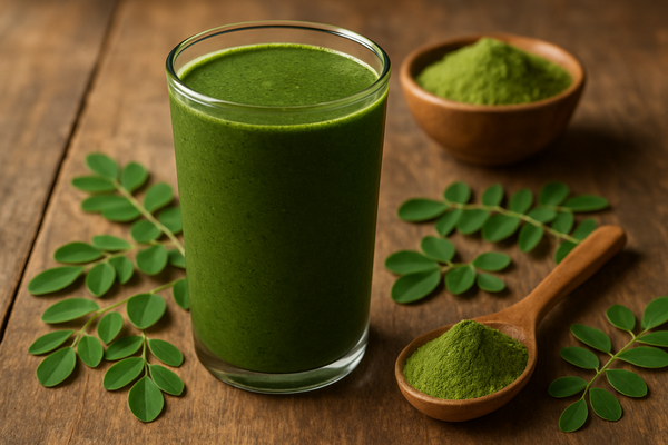 Moringa powder smoothie in glass and wooden spoon and bowl with green powder. 