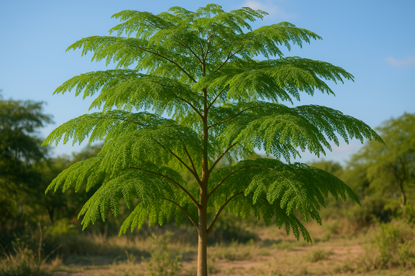 Moringa tree with green leaves in focus, with blurred trees in the background.